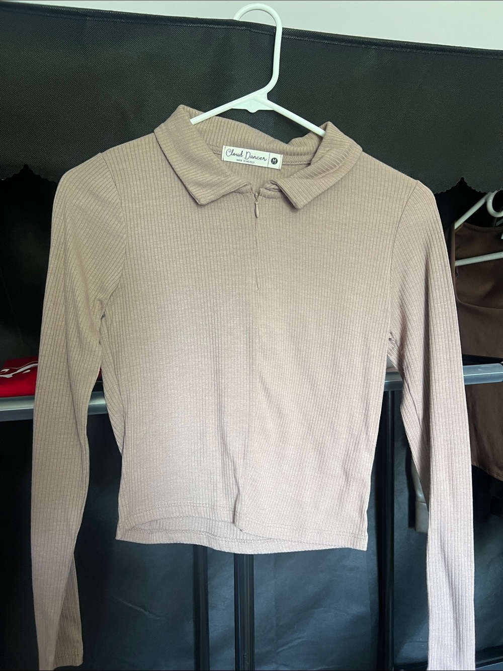 Taupe Ribbed Long-Sleeve Polo Tee